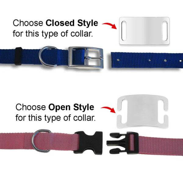 Comparison of closed and open style dog collars with buckles on a white background.