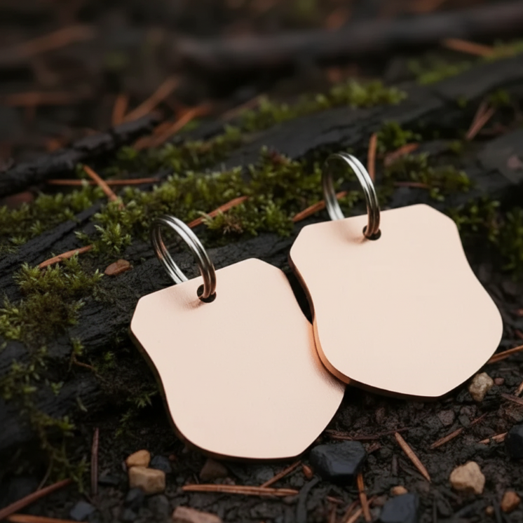 Pair of rose gold dog tags on a natural background with moss and wood.