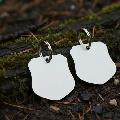 Silver dog tags on a natural background with moss and twigs