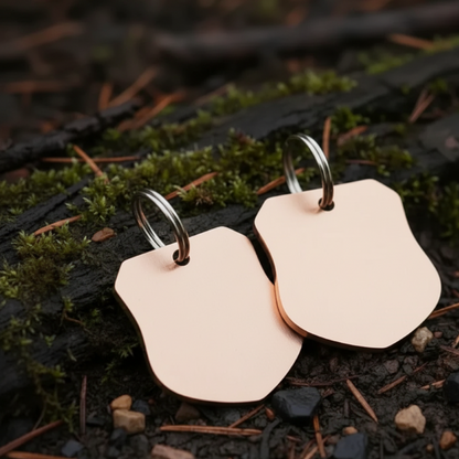Pair of rose gold dog tags on a natural background with moss and wood.