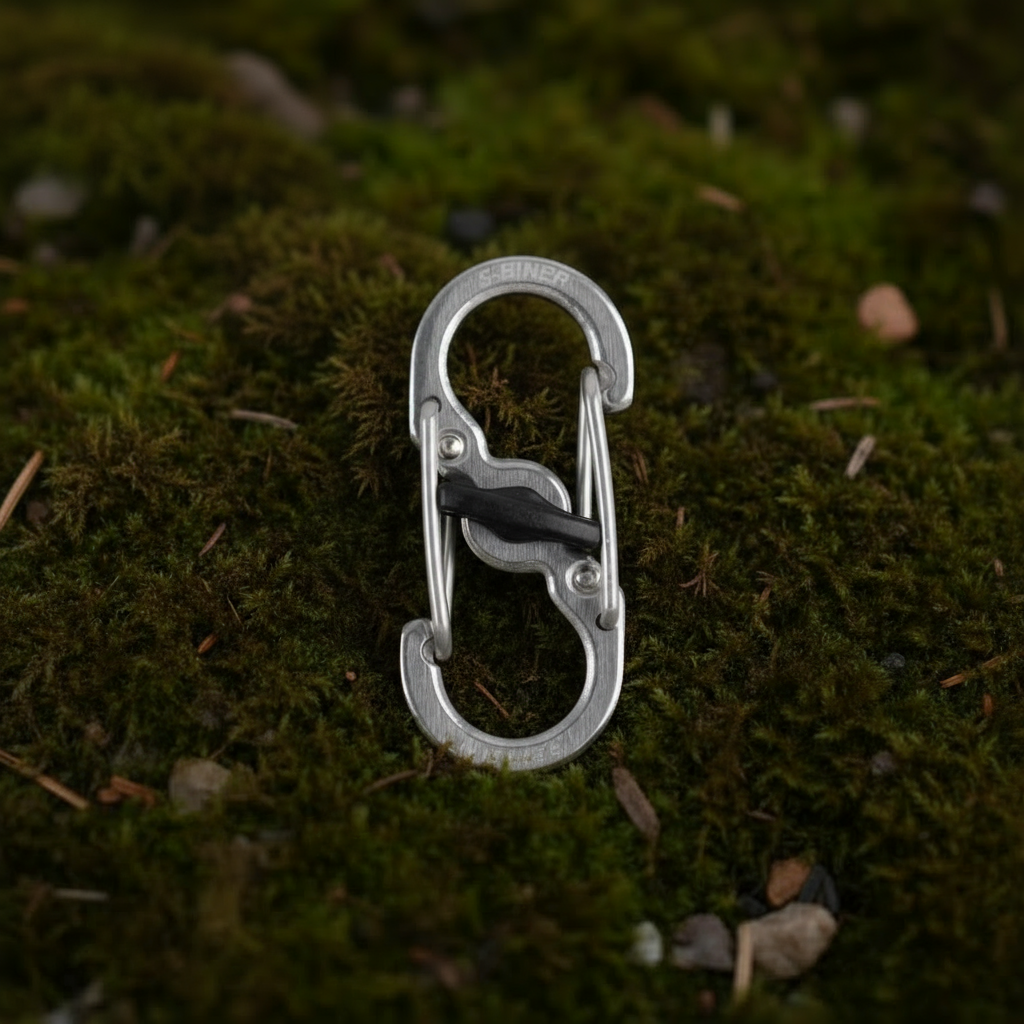 Silver carabiner with black clip on a mossy surface
