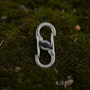 Silver carabiner with black clip on a mossy surface